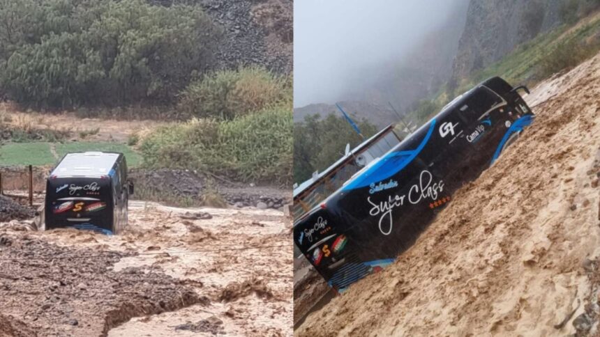 Bus atrapado por desborde y alerta amarilla en Tamarugal