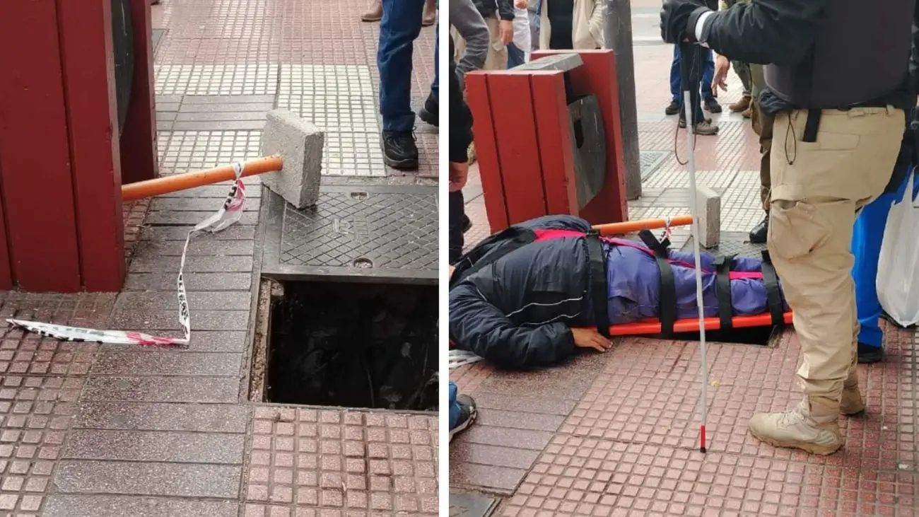 Mujer con discapacidad visual cae por tapa en mal estado Mujer con discapacidad visual cae por tapa en mal estado