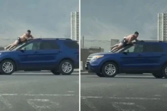 Hombre semidesnudo sobre auto en movimiento termina en detención por VIF