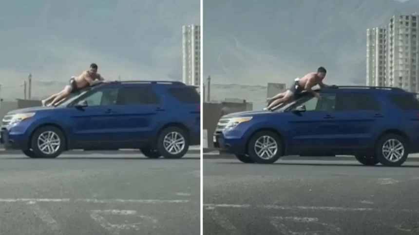 Hombre semidesnudo sobre auto en movimiento termina en detención por VIF