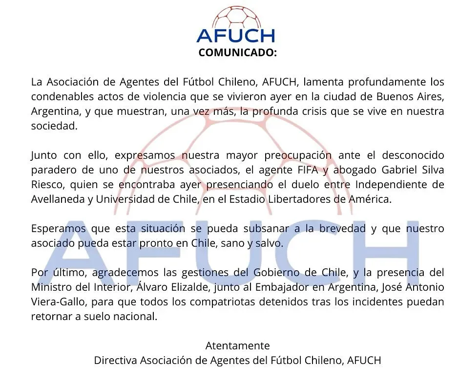 AFUCH denuncia desaparición de representante chileno tras incidentes en Avellaneda AFUCH denuncia desaparición de representante chileno tras incidentes en Avellaneda